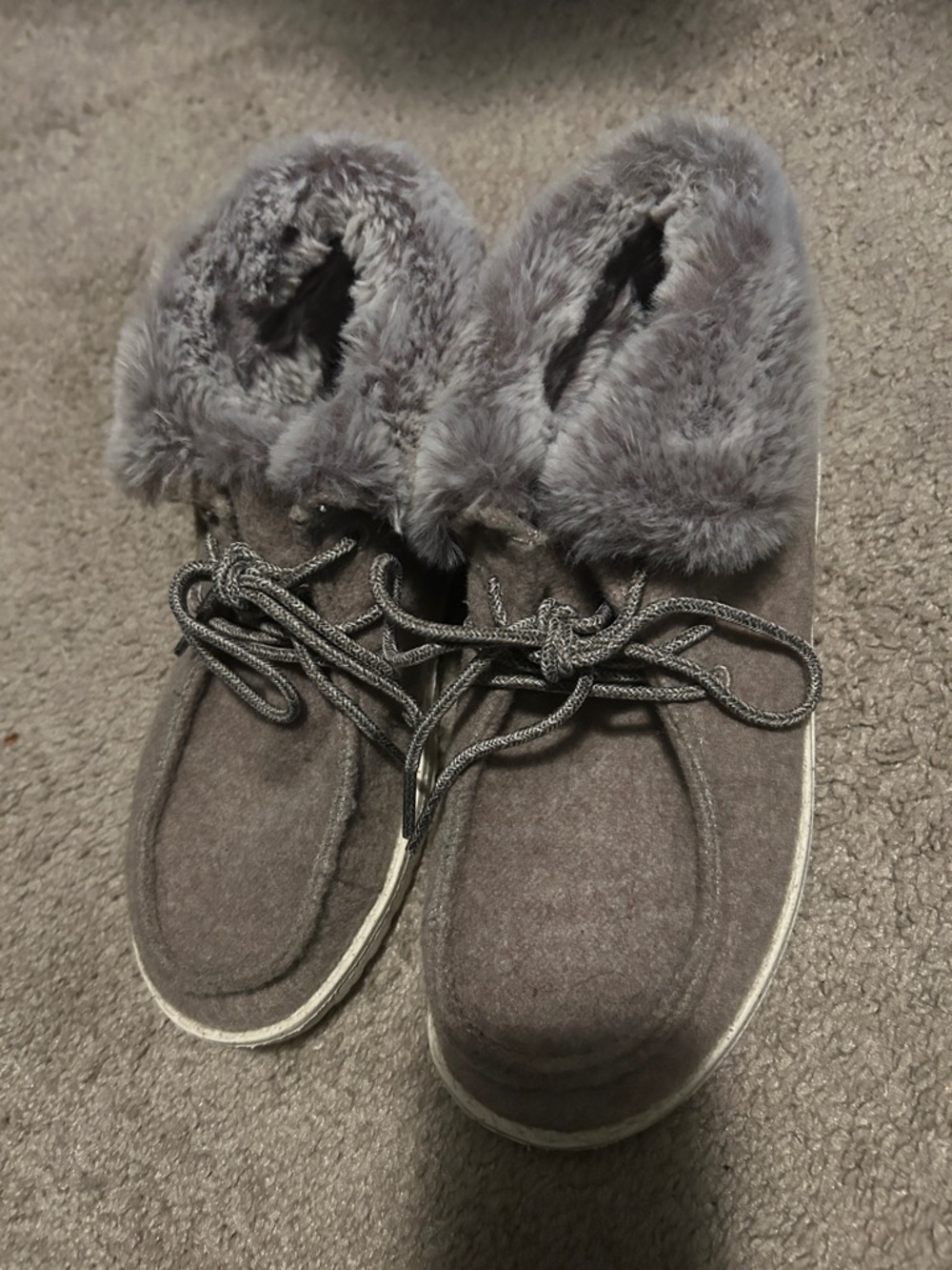 Hey Dude Women's Gray Faux-Fur Trim Lace-Up Slippers